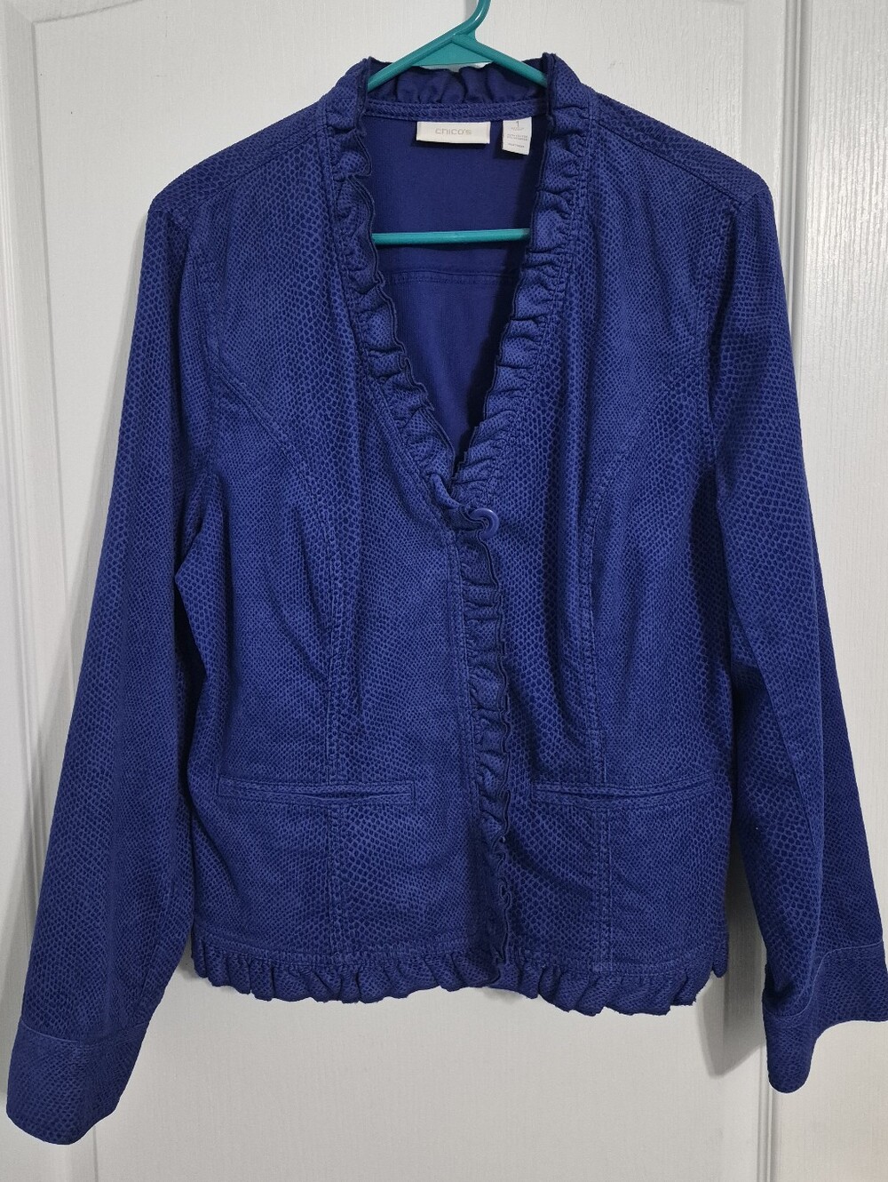 Chicos Cobalt Blue Ruffle Collar Jacket Blazer Women Size 1 (US 8 / M)